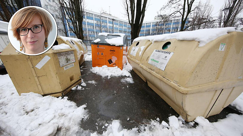 Eine sogenannte "Wertstoffinsel". In München ersetzen hier Verpackungs- und Alucontainer die Gelbe Tonne.