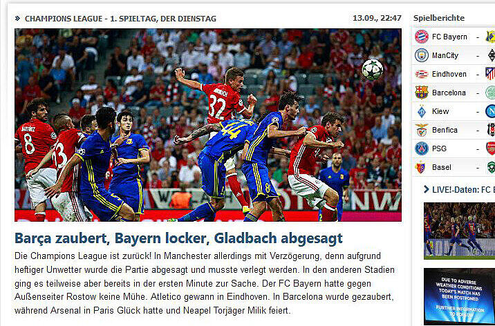 Das Sportportal "Kicker" blickt nicht nur auf den deutschen Rekordmeister, der laut eigener Aussage locker siegt, sondern betrachtet den gesamten Spieltag - inklusive der Spielabsage von Gladbach.