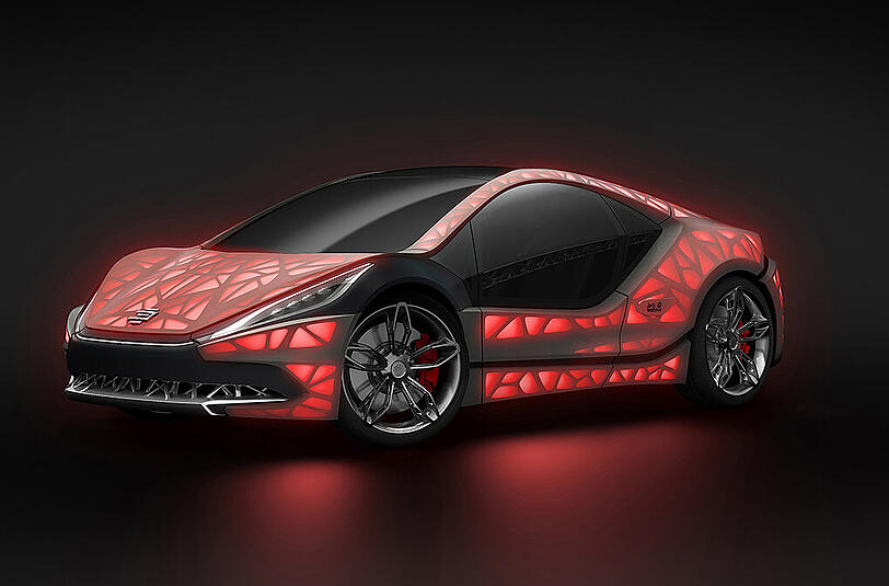 Die Fahrzeugstudie EDAG Light Cocoon hat eine Art Aluminium-Skelett, das mit wetterfestem Stoff bezogen ist.