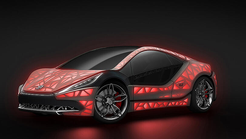 Die Fahrzeugstudie EDAG Light Cocoon hat eine Art Aluminium-Skelett, das mit wetterfestem Stoff bezogen ist. Die Fahrzeugstudie EDAG Light Cocoon hat eine Art Aluminium-Skelett, das mit wetterfestem Stoff bezogen ist.