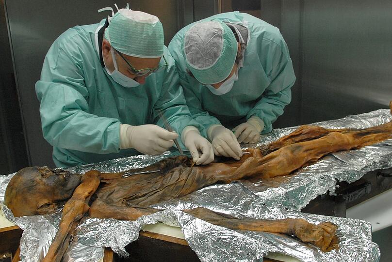 Wie ein Patient liegt die Eismumie da. Immer wieder wird Ötzi von Wissenschaftlern unter die Lupe genommen.