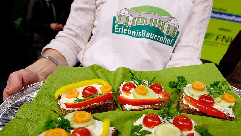 Ein Tablett mit Gemüsebroten in Form eines Gesichts, aufgenommen auf der Grünen Woche 2011 in Berlin Ein Tablett mit Gemüsebroten in Form eines Gesichts, aufgenommen auf der Grünen Woche 2011 in Berlin