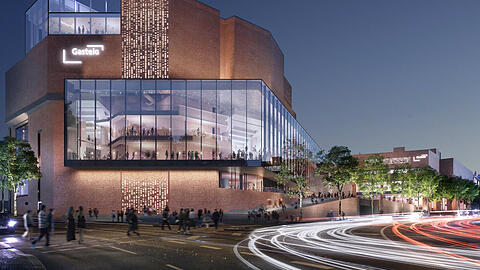 Daraus wird wohl nichts: Nach der Planung des Architekturbüros Henn sollte eine gläserne "Kulturbühne" die Philharmonie mit dem Bibliothekstrakt im Hintergrund verbinden.