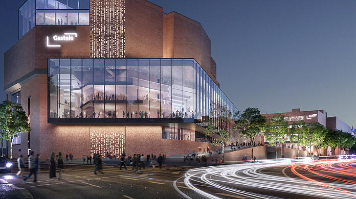 Daraus wird wohl nichts: Nach der Planung des Architekturbüros Henn sollte eine gläserne "Kulturbühne" die Philharmonie mit dem Bibliothekstrakt im Hintergrund verbinden.