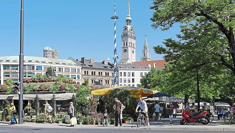 Der Viktualienmarkt von der Reichenbachstraße gesehen. Der Viktualienmarkt von der Reichenbachstraße gesehen.