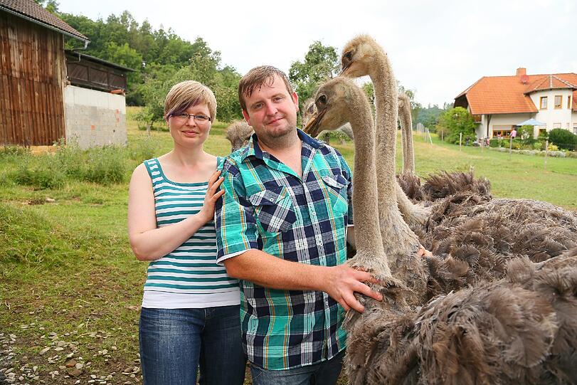 Sebastian (32) aus Oberfranken zeigt Ines (31, Heilerziehungshelferin) eine Straußen-Küken.