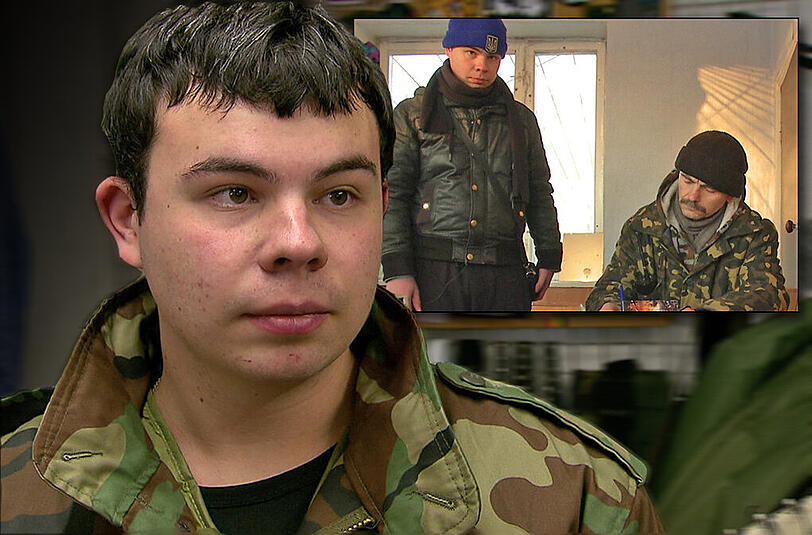 Den Kampfanzug muss der 18-Jährige selbst mitbringen. Er kauft ihn im Armyshop am Hauptbahnhof. Kleines Bild: Seit Dienstag trainiert Dimitri im Ausbildungslager eines Freiwilligenkorps für den Kampf gegen die prorussischen Separatisten in der Ukraine.