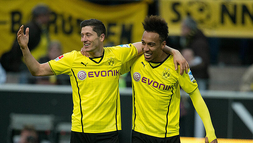 Stürmten in der Saison 2013/14 gemeinsam für Borussia Dortmund: Robert Lewandowski, heute FC Bayern, und Pierre-Emerick Aubameyang, immer noch BVB. Stürmten in der Saison 2013/14 gemeinsam für Borussia Dortmund: Robert Lewandowski, heute FC Bayern, und Pierre-Emerick Aubameyang, immer noch BVB.