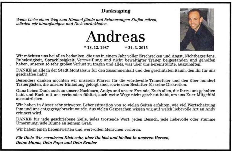 Die Eltern von Andreas Lubitz trauern mit dieser Zeitungsanzeige das erste Mal öffentlich um ihren verstorbenen Sohn