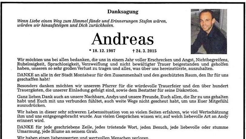 Die Eltern von Andreas Lubitz trauern mit dieser Zeitungsanzeige das erste Mal öffentlich um ihren verstorbenen Sohn Die Eltern von Andreas Lubitz trauern mit dieser Zeitungsanzeige das erste Mal öffentlich um ihren verstorbenen Sohn