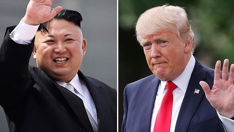 Die Kombo zeigt den nordkoreanischen Machthaber Kim Jong Un (l) am 15.04.2017 in Pjöngjang, Nordkorea, und US-Präsident Donald Trump am 29.04.2017 in Washington, USA.