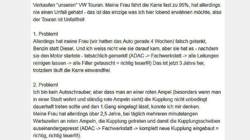 Auf eBay möchte ein Mann aus Hannover seinen VW Touran nach nur 3,5 Jahren verkaufen - und ist dabei erstaunlich offen...