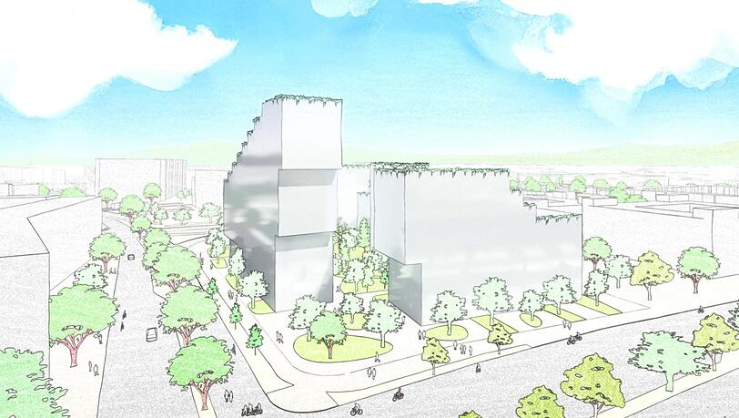 So soll der neue Hochpunkt in Neuperlach aussehen: ein begrüntes stufenförmiges Haus in der Thomas-Dehler-Straße. So soll der neue Hochpunkt in Neuperlach aussehen: ein begrüntes stufenförmiges Haus in der Thomas-Dehler-Straße.