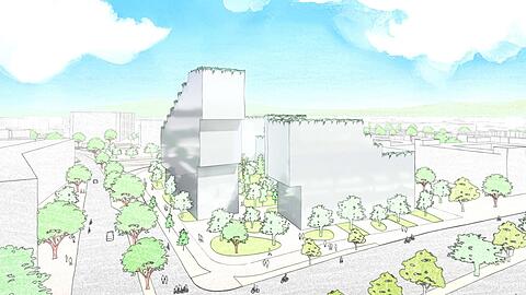 So soll der neue Hochpunkt in Neuperlach aussehen: ein begrüntes stufenförmiges Haus in der Thomas-Dehler-Straße.