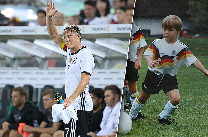 Links: Schweinsteiger bei seinem letzten Spiel im DFB-Trikot. Rechts: Schweinsteiger in der F-Jugend des FV Oberaudorf.