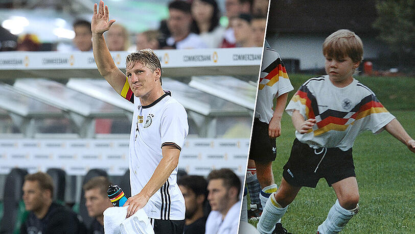 Links: Schweinsteiger bei seinem letzten Spiel im DFB-Trikot. Rechts: Schweinsteiger in der F-Jugend des FV Oberaudorf. Links: Schweinsteiger bei seinem letzten Spiel im DFB-Trikot. Rechts: Schweinsteiger in der F-Jugend des FV Oberaudorf.