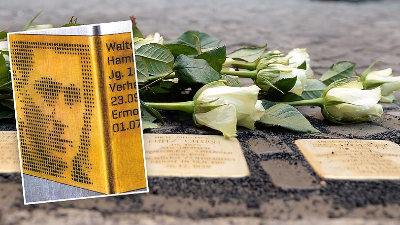 Kleine Messingtafeln auf den Gehwegen, sogenannte Stolpersteine. Das kleine Bild zeigt, wie die Stelen aussehen könnten.