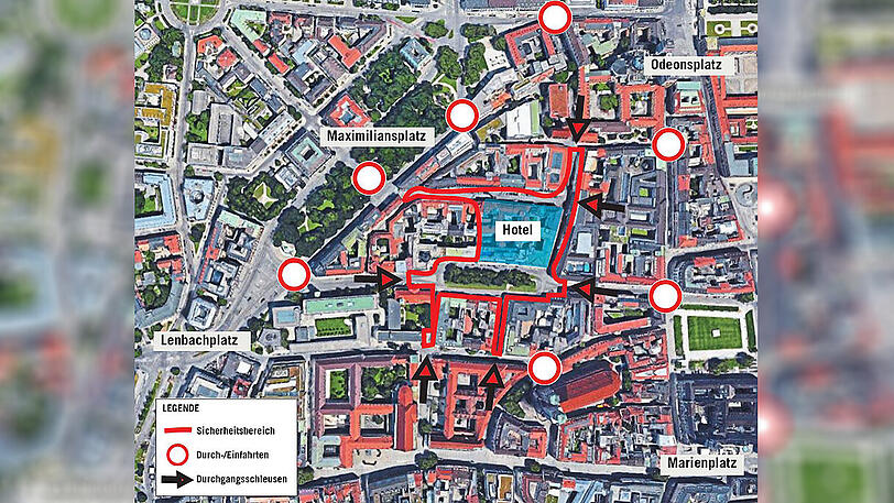 In den Sicherheitsbereich (Rot) dürfen nur Konferenzteilnehmer und Besucher mit berechtigtem Interesse. Die Pfeile markieren Kontrollstellen.