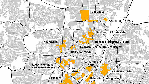 Die gelben Flächen zeigen die 17 Erhaltungssatzungs-Gebiete innerhalb des Mittleren Rings. Sie schützen 193.000 Münchner vor Mieterhöhungen - etwa durch Luxussanierung.