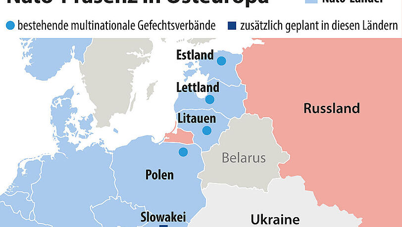 Bestehende und geplante multinationale Gefechtsverbände der Nato in Osteuropa Bestehende und geplante multinationale Gefechtsverbände der Nato in Osteuropa