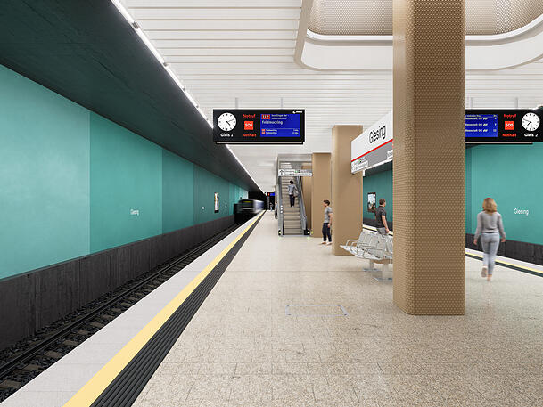 Visualisierung Giesing: Die "individuelle Bahnhofsidentität" soll bei den Arbeiten erhalten bleiben und durch eine zeitgemäße Farbgestaltung ergänzt werden. Visualisierung Giesing: Die "individuelle Bahnhofsidentität" soll bei den Arbeiten erhalten bleiben und durch eine zeitgemäße Farbgestaltung ergänzt werden.
