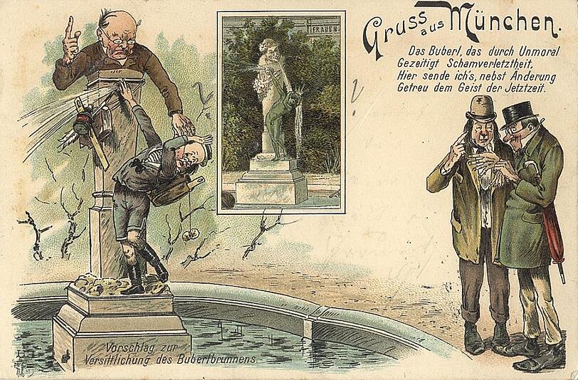 Die Nacktheit des Brunnenbuberls inspiriert auch Karikaturisten. Hier eine Postkarte aus dem Jahr 1897.
