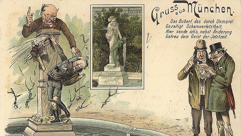 Die Nacktheit des Brunnenbuberls inspiriert auch Karikaturisten. Hier eine Postkarte aus dem Jahr 1897. Die Nacktheit des Brunnenbuberls inspiriert auch Karikaturisten. Hier eine Postkarte aus dem Jahr 1897.