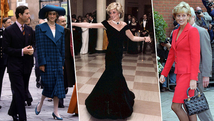 Als "ikonisch" bezeichnet die Kuratorin der Ausstellung diese Aufnahme vom Tanz mit John Travolta im Weißen Haus in Washington vom November 1985 (m). Der Mantel des Italienbesuchs (l) 1985 und das Kostüm (r) von 1996 werden in "Diana: Her Fashion Story" gezeigt. Als "ikonisch" bezeichnet die Kuratorin der Ausstellung diese Aufnahme vom Tanz mit John Travolta im Weißen Haus in Washington vom November 1985 (m). Der Mantel des Italienbesuchs (l) 1985 und das Kostüm (r) von 1996 werden in "Diana: Her Fashion Story" gezeigt.