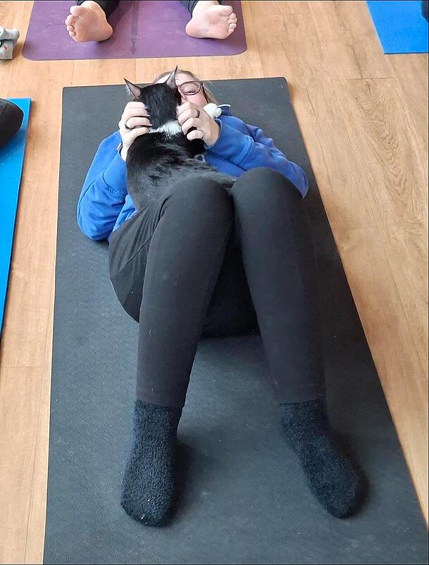 Eine spaßige Ablenkung für die Teilnehmer: Spontanes Kuscheln mitten in der Yoga-Übung. Eine spaßige Ablenkung für die Teilnehmer: Spontanes Kuscheln mitten in der Yoga-Übung.