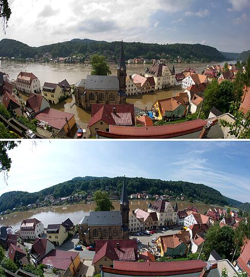 Die Bilder zeigen die durch das Hochwasser der Elbe überflutete Stadt Wehlen in Sachsen und mit dem zurück gegangenen Hochwasser.