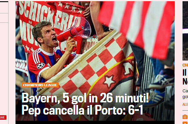 Italien - La Gazetta dello Sport: "Bayern, fünf Tore in 26 Minuten! Pep fertigt Porto ab: 6:1"