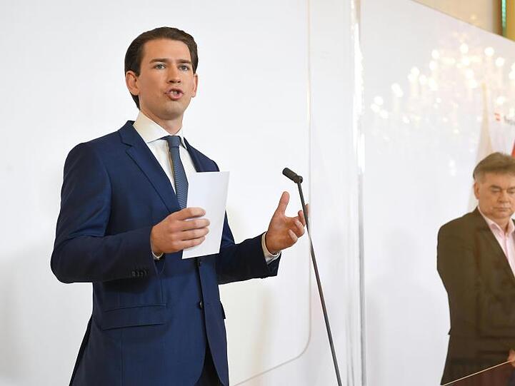 Sebastian Kurz (ÖVP, l), Bundeskanzler von Österreich und Werner Kogler (Grüne), Vizekanzler von Österreich, nehmen an einer Pressekonferenz zum Thema "Aktuelles zum Coronavirus" im Bundeskanzleramt teil. Foto: Roland Schlager/APA/dpa
