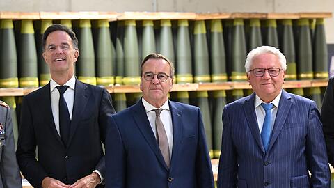Nato-Generalsekretär Mark Rutte, Verteidigungsminister Boris Pistorius und Rheinmetall-Chef Armin Papperger.