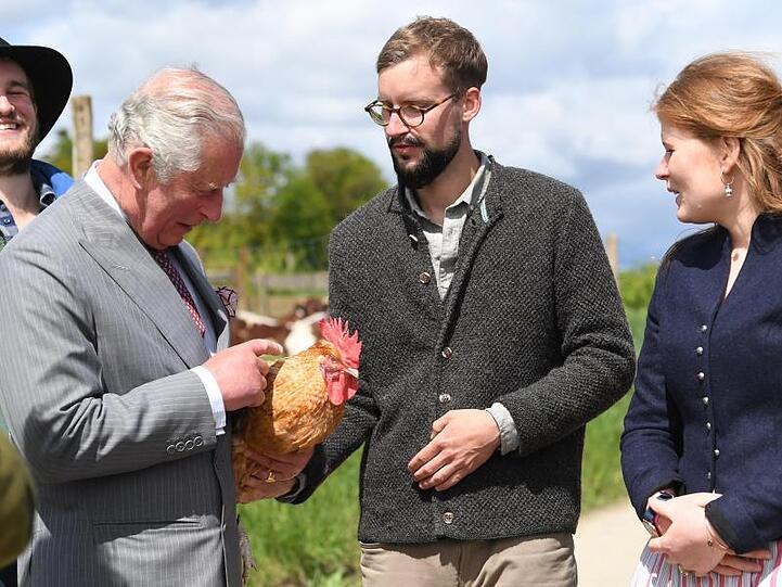 Prinz Charles (l) mit Hahn auf dem Bio-Bauernhof: