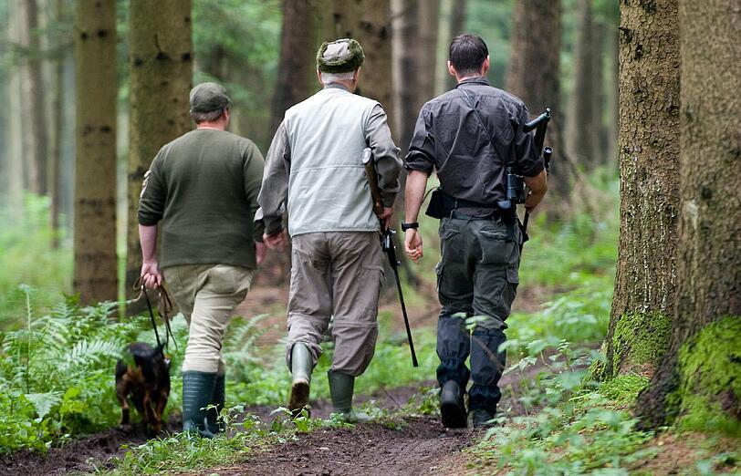 Anschließend machen sie sich mit einer Hundeführerin (links) auf den Weg in das Waldstück, in dem sich die ausgebüxte Kuh Yvonne versteckt hält.