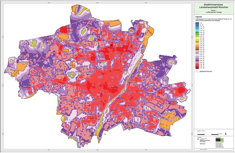 Ein Hochsommertag in München 2013: In den dunkelroten Bereichen haben die Experten der &bdquo;Stadtklimaanalyse&ldquo; mittags bis zu 37 Grad gemessen, in den hellroten um 35 Grad. Luftiger ist es an der Isar (gelb) mit 22 Grad. Bis zum Jahr 2080 soll es allerdings noch viel heißer in der Stadt werden &ndash; vor allem in den dicht bebauten Vierteln ohne Grünzüge und Windschneisen nach Süden.