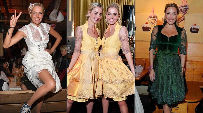 Diese VIP-Damen setzen auf der Wiesn 2022 auf einfarbige Dirndl und liegen damit voll im Trend.