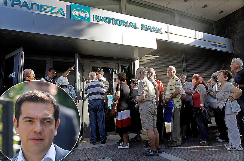Schlange stehen vor der Nationalbank in Athen. Kleines Bild: Der griechische Ministerpräsident Alexis Tsipras.