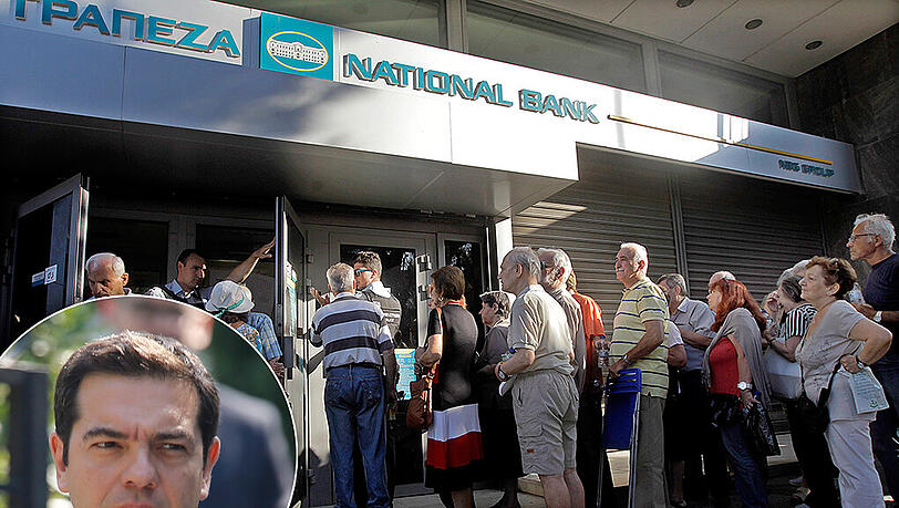 Schlange stehen vor der Nationalbank in Athen. Kleines Bild: Der griechische Ministerpräsident Alexis Tsipras. Schlange stehen vor der Nationalbank in Athen. Kleines Bild: Der griechische Ministerpräsident Alexis Tsipras.