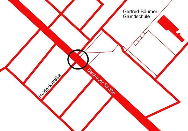 An der Ecke Heideckstraße/Dachauer Straße (umkreist) sehen Eltern der Gertrud-Bäumer-Grundschule große Gefahren für ihre Kinder. An der Ecke Heideckstraße/Dachauer Straße (umkreist) sehen Eltern der Gertrud-Bäumer-Grundschule große Gefahren für ihre Kinder.