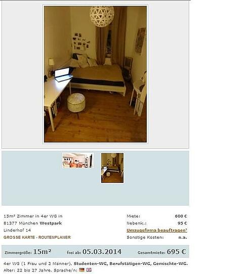 46,33 Euro/m2 &ndash; ein Zimmer auf wg-gesucht.de.