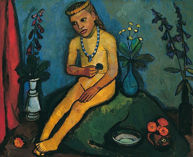 Paula Modersohn-Becker &bdquo;Mädchenakt mit Blumenvasen&ldquo; (um 1907).