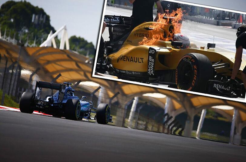 Auftakttraining in Malaysia: Nico Rosberg mit Bestzeit, Kevin Magnussen (kleines Bild) hat hingegen Glück im Unglück und springt rechtzeitig aus seinem brennenden Wagen.