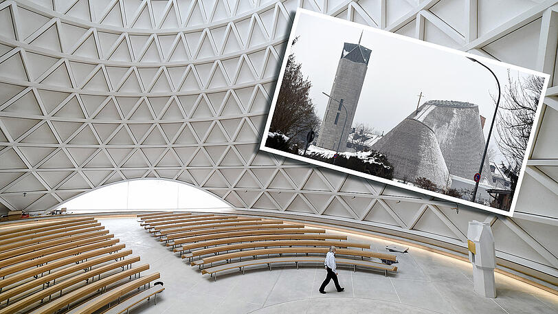 Matthias Hefter, Vorsitzender des Pfarrgemeinderats, geht durch den Neubau der katholischen Kirche St. Josef. Die Holzkirche, deren Form an das
Alpenpanorama erinnern soll, ist einer von zwei Kirchenneubauten, die in diesem Jahr in Bayern geweiht werden.