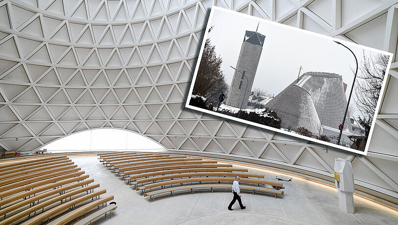 Matthias Hefter, Vorsitzender des Pfarrgemeinderats, geht durch den Neubau der katholischen Kirche St. Josef. Die Holzkirche, deren Form an das
Alpenpanorama erinnern soll, ist einer von zwei Kirchenneubauten, die in diesem Jahr in Bayern geweiht werden.