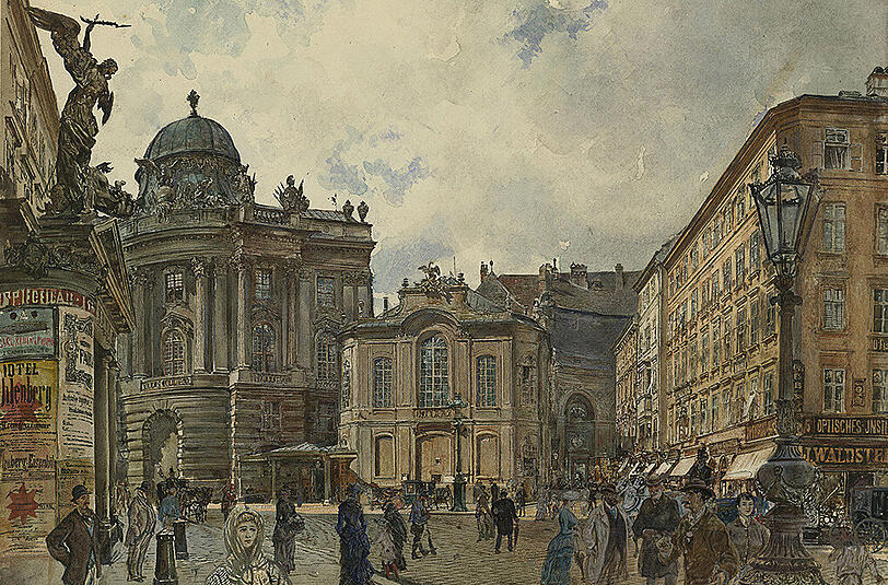 Rudolf von Alt: Ansicht der Wiener Hofburg mit dem alten Burgtheater, 1883, Aquarell.