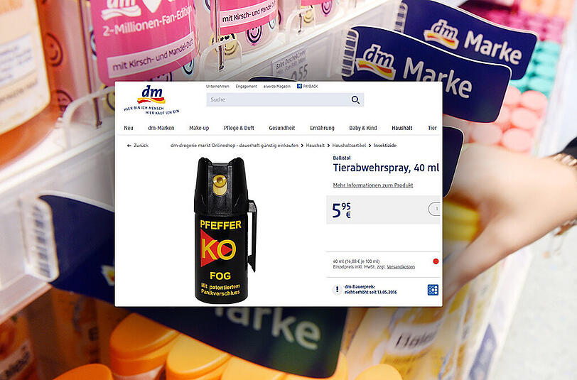 Für 5,95 Euro beitet dm seit Kurzem auch Pfefferpray in seinen Läden an.