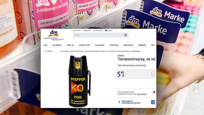 Für 5,95 Euro beitet dm seit Kurzem auch Pfefferpray in seinen Läden an. Für 5,95 Euro beitet dm seit Kurzem auch Pfefferpray in seinen Läden an.