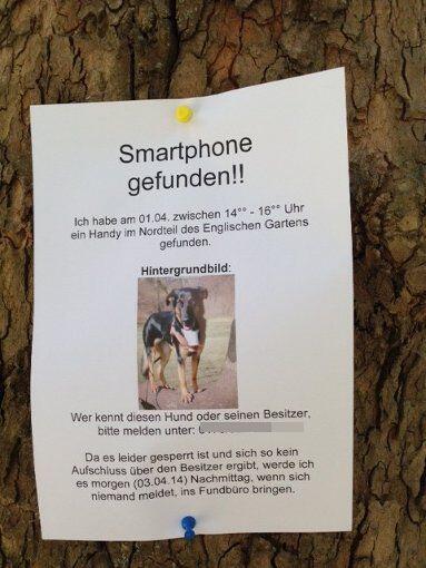 Das Foto mit dem Hund vor dem Baum. Die Stelle kam der 19-jährigen Lena, die das fremde Handy im Englischen Garten gefunden hat, bekannt vor. Sie machte an vielen Stellen in der Nähe diesen Aushang.