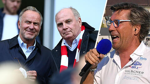 Veräppelt die Bayern-Bosse Karl-Heinz Rummenigge (li.) und Uli Hoeneß (Mi.): Löwen-Stadionsprecher Stefan Schneider.